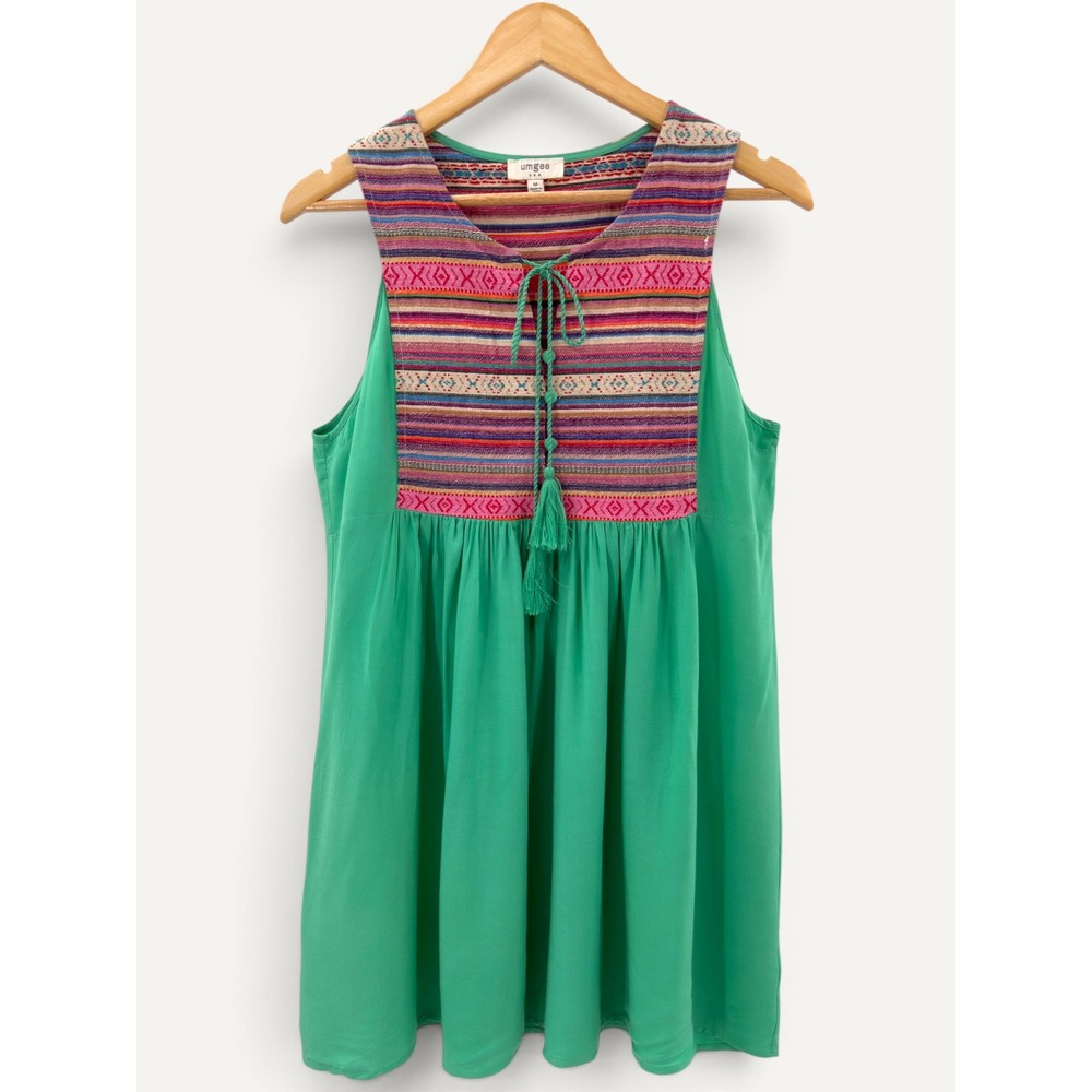 Umgee Green Boho Tribal Embroidered Sleeveless Babydoll Top M Southwest Hippie
